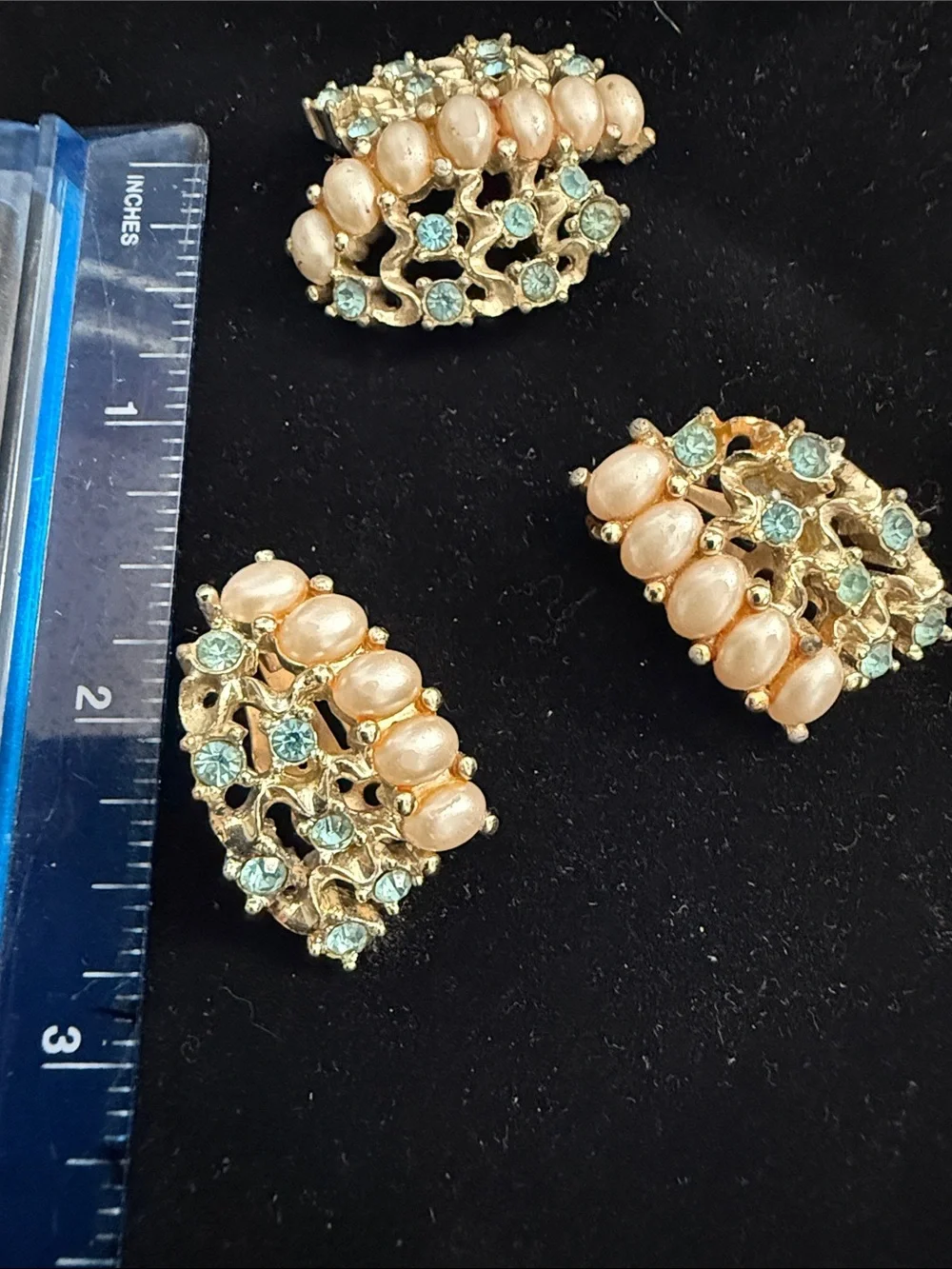 Gold-Tone Faux Pearl and Aqua Crystal Women Earrings - Unbranded